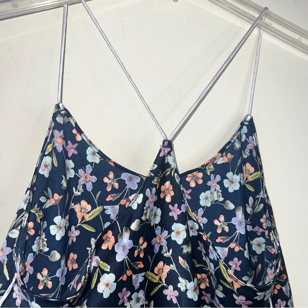 Victoria’s Secret Satin Cami Top with Racerback Spaghetti Straps Navy Floral Med